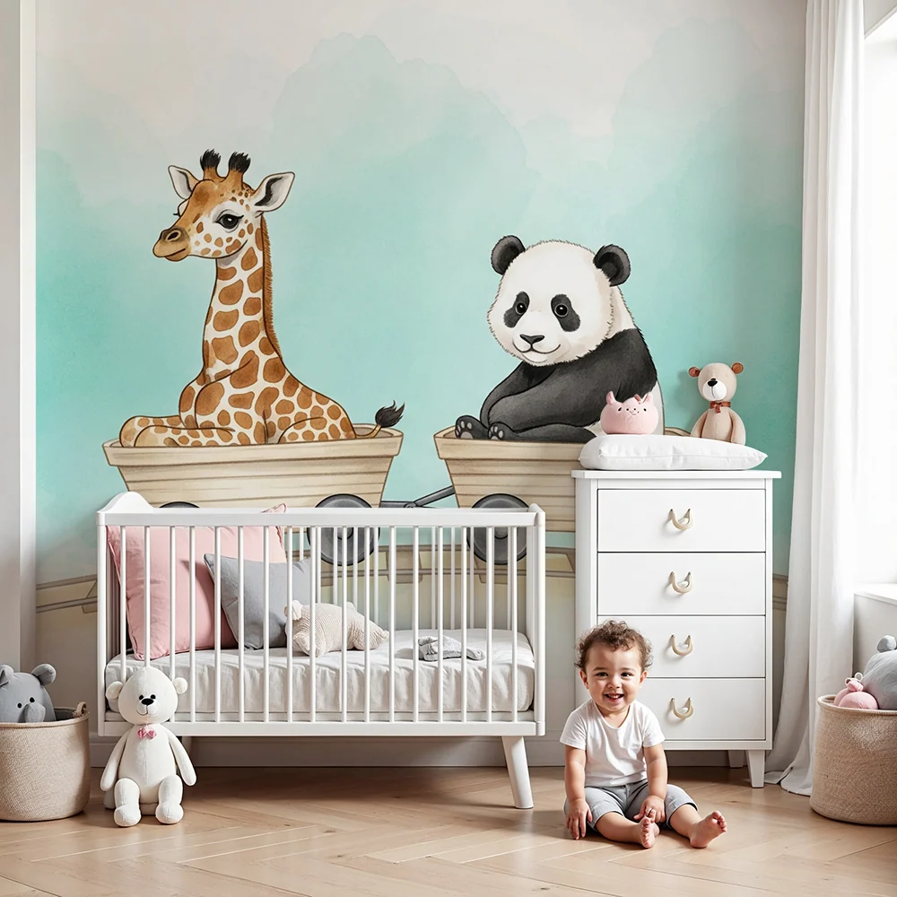 Papier peint chambre enfant | Girafe et panda en train d'aventure
