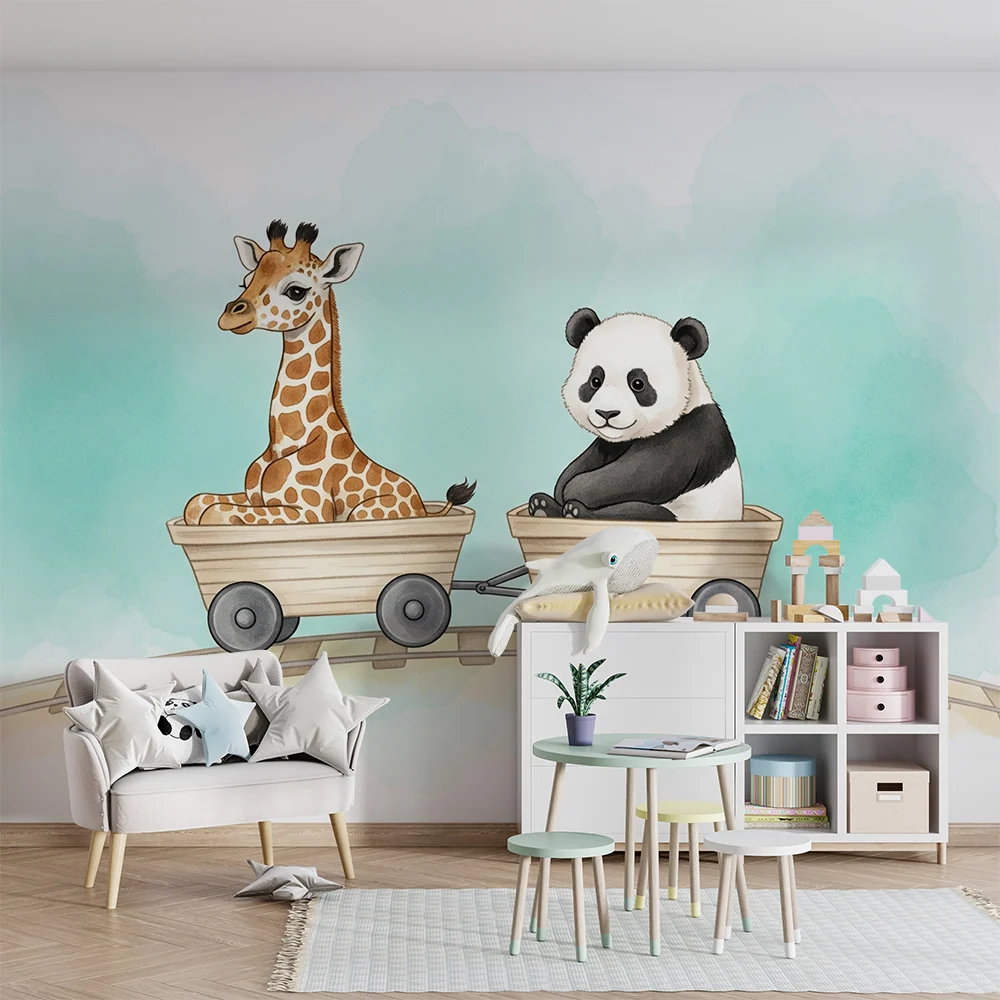 Papier peint chambre enfant | Girafe et panda en train d'aventure