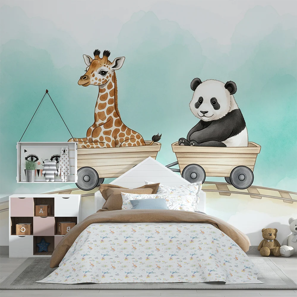 Papier peint chambre enfant | Girafe et panda en train d'aventure