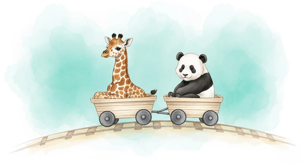 Papier peint chambre enfant | Girafe et panda en train d'aventure