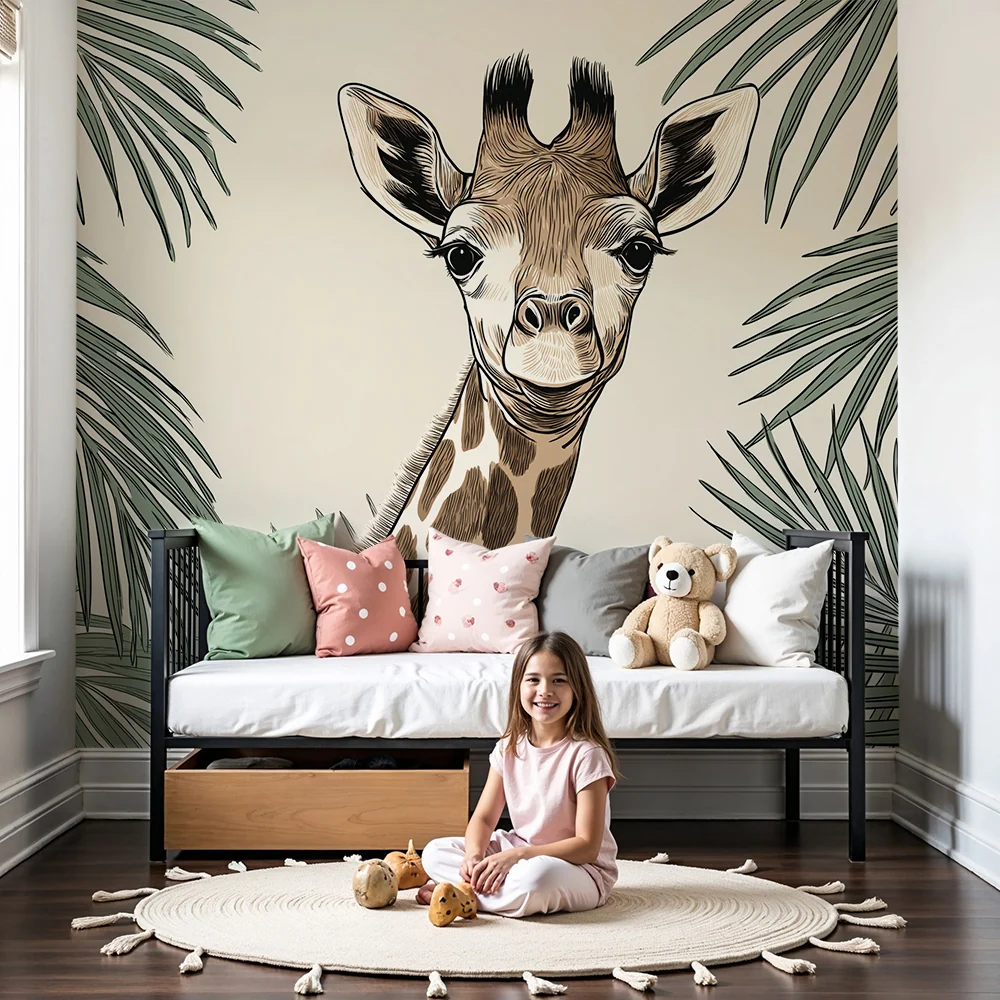 Papier peint chambre enfant | Girafe souriante entourée de feuillage tropical