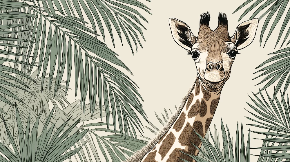 Papier peint chambre enfant | Girafe souriante entourée de feuillage tropical