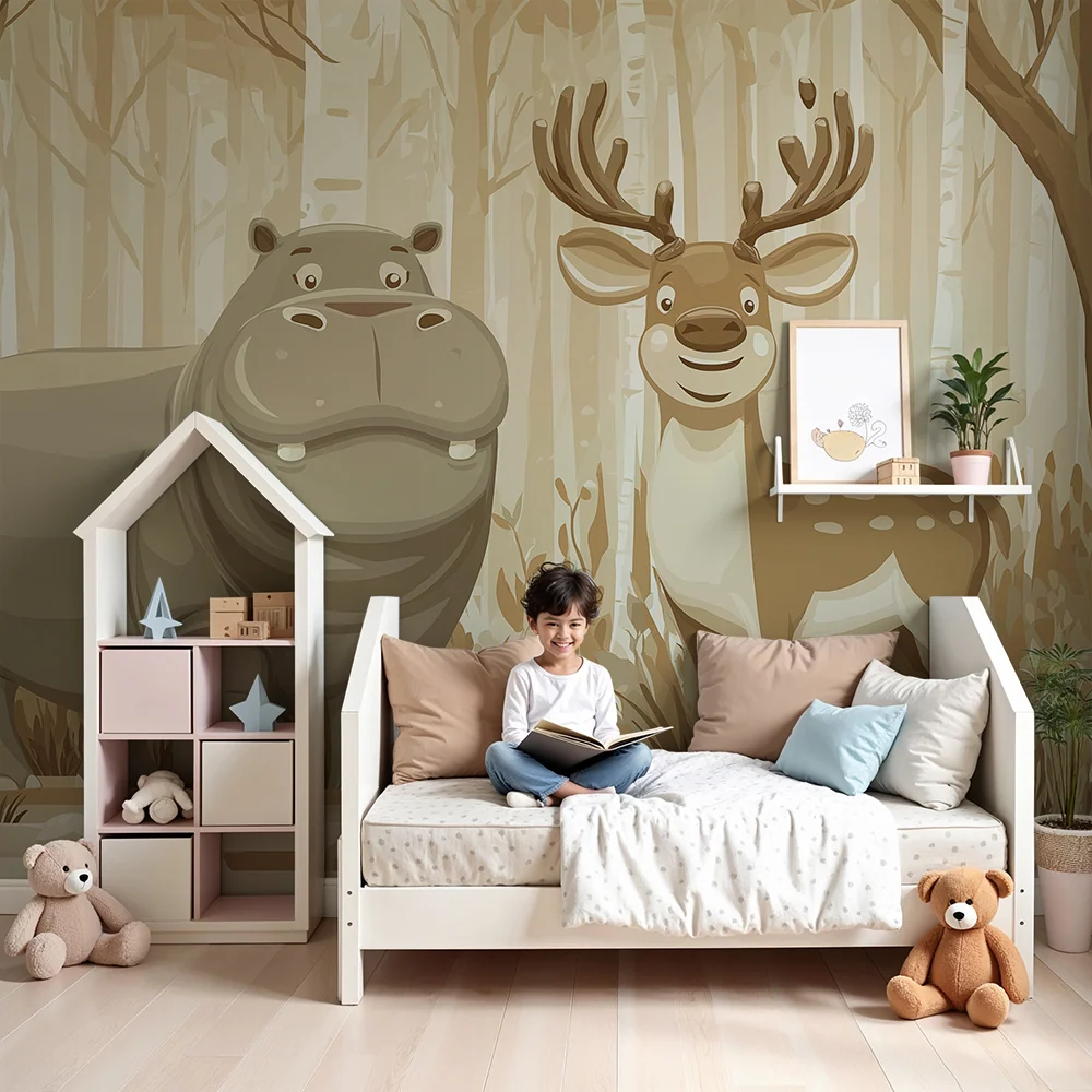 Papier peint chambre enfant | Hippopotame et cerf dans une êt apaisante