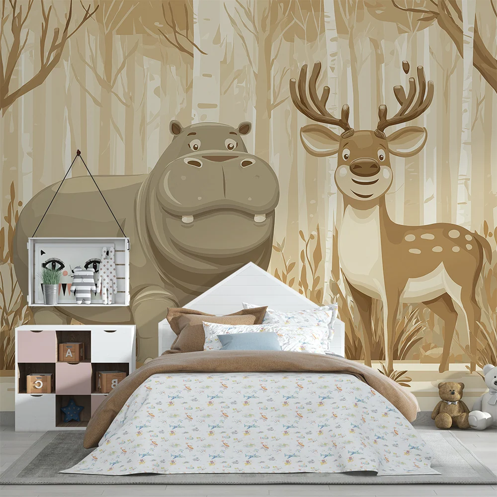 Papier peint chambre enfant | Hippopotame et cerf dans une êt apaisante