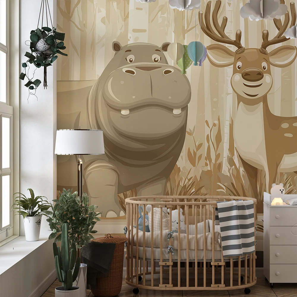 Papier peint chambre enfant | Hippopotame et cerf dans une êt apaisante