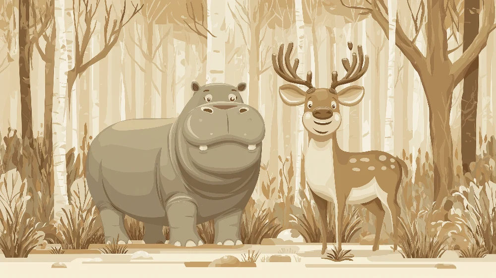 Papier peint chambre enfant | Hippopotame et cerf dans une êt apaisante