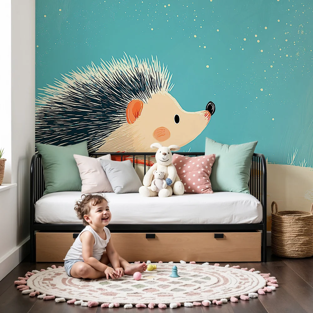Papier peint chambre enfant | Hérisson aventureux sous un ciel étoilé