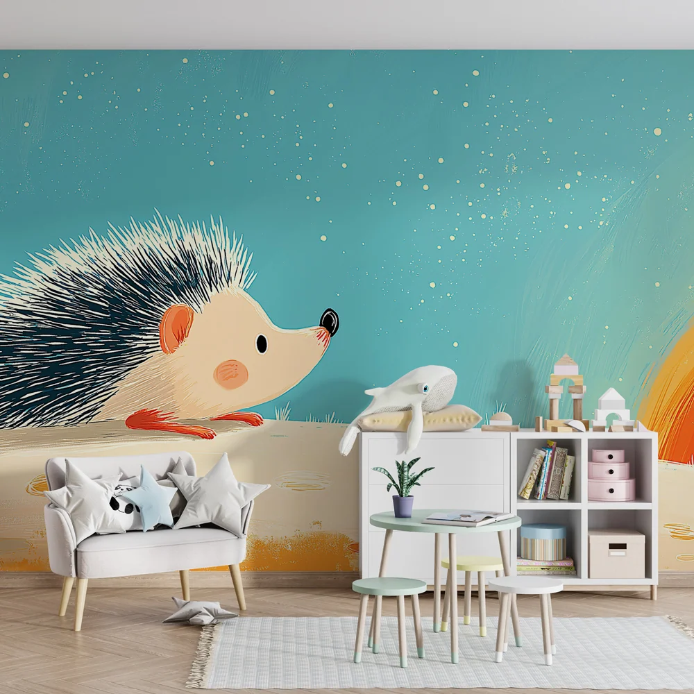 Papier peint chambre enfant | Hérisson aventureux sous un ciel étoilé
