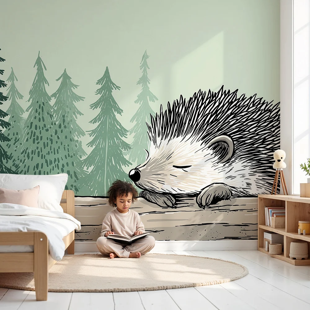 Papier peint chambre enfant | Hérisson endormi au milieu des sapins