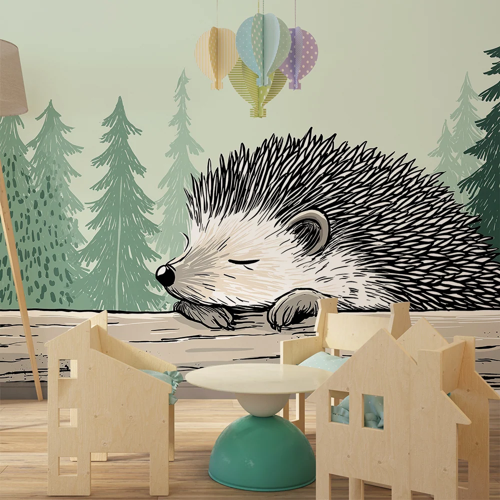 Papier peint chambre enfant | Hérisson endormi au milieu des sapins