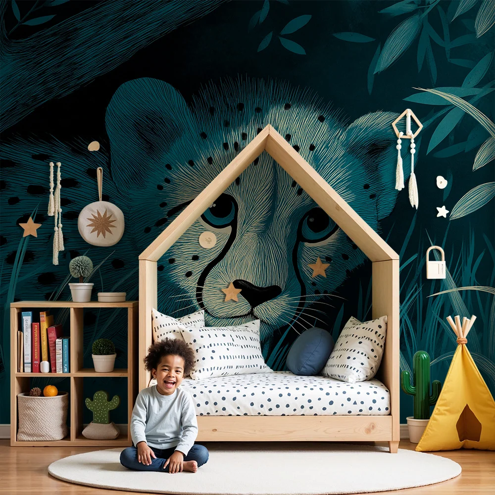 Papier peint chambre enfant | Jeune guépard caché dans la végétation nocturne
