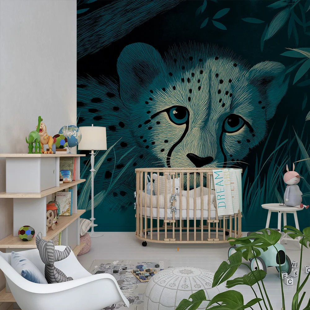 Papier peint chambre enfant | Jeune guépard caché dans la végétation nocturne