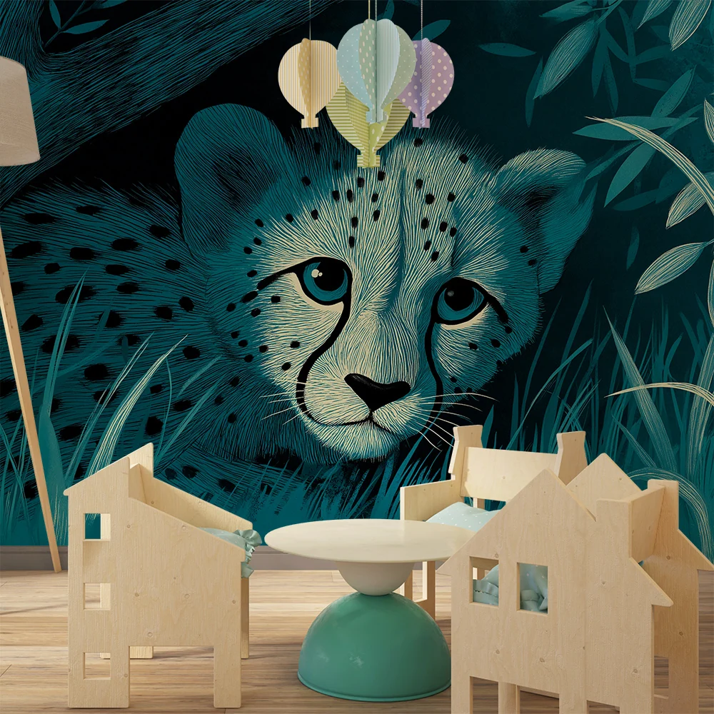 Papier peint chambre enfant | Jeune guépard caché dans la végétation nocturne