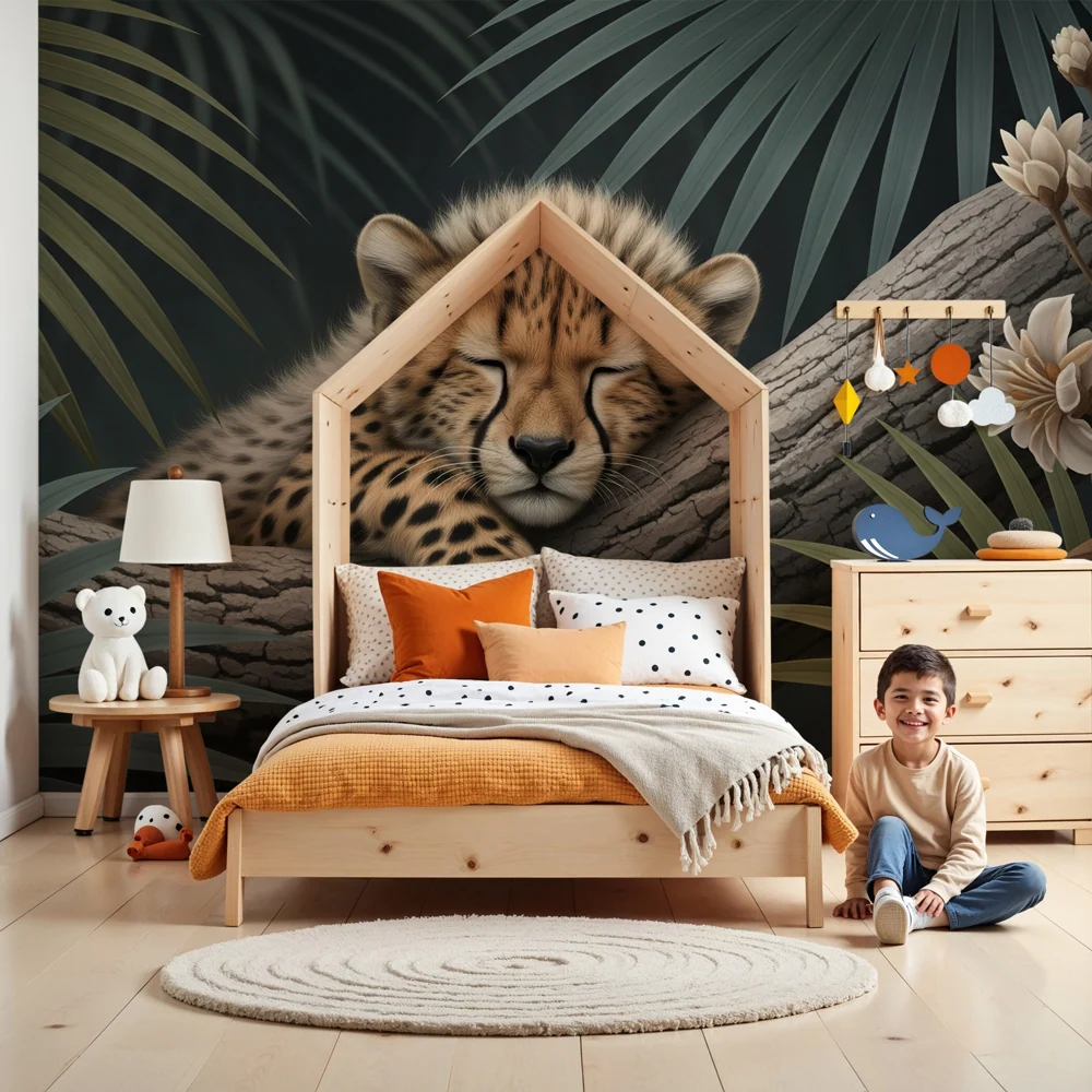 Papier peint chambre enfant | Jeune léopard paisible dans la jungle