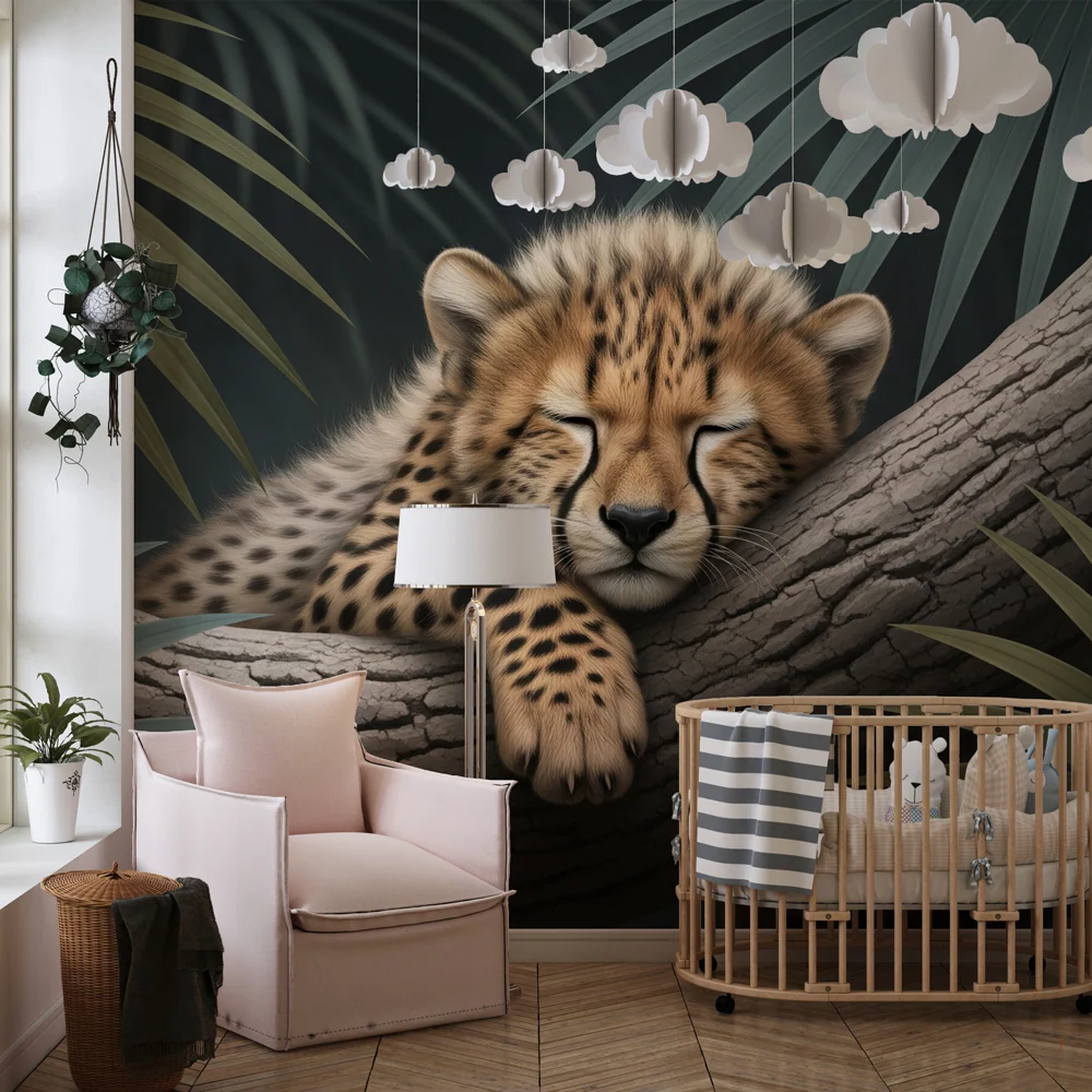 Papier peint chambre enfant | Jeune léopard paisible dans la jungle