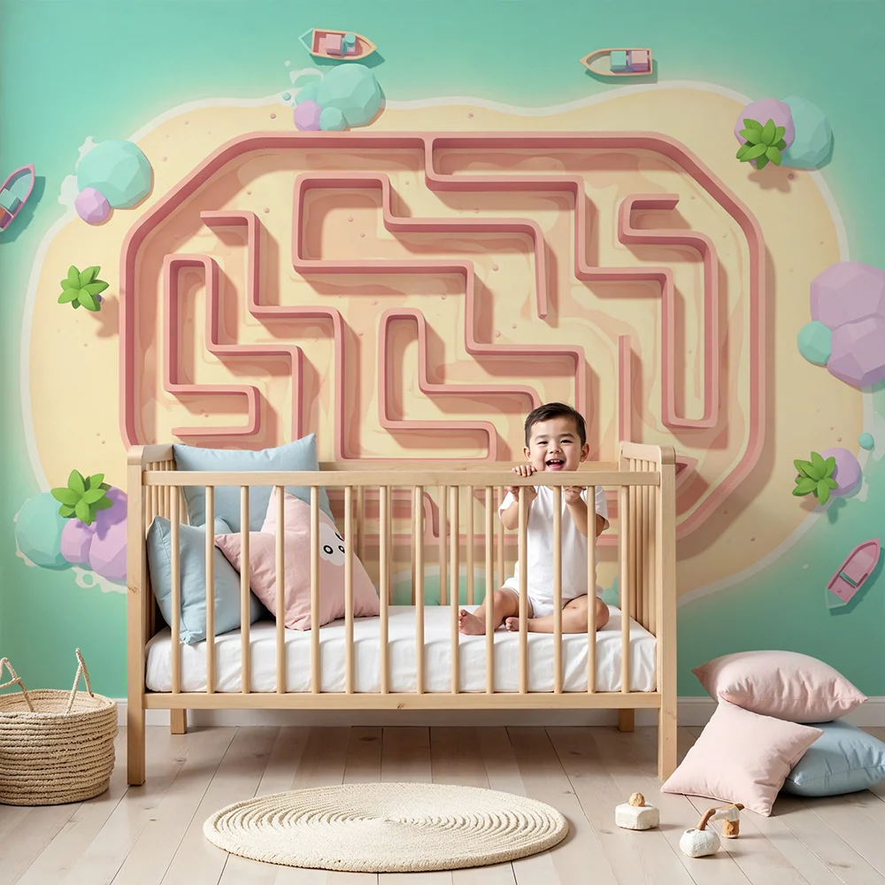 Papier peint chambre enfant | Labyrinthe ludique sur une île tropicale