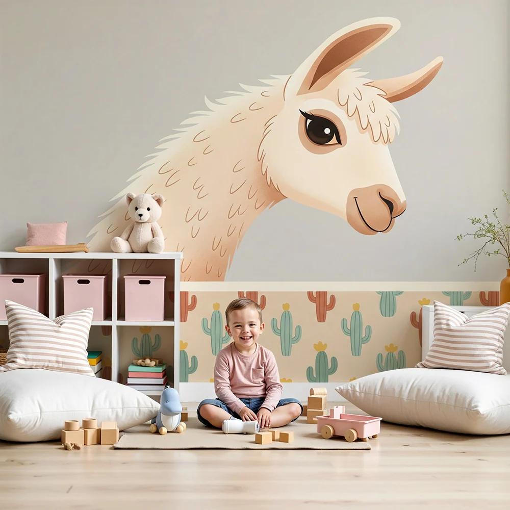 Papier peint chambre enfant | Lama mignon avec cactus colorés