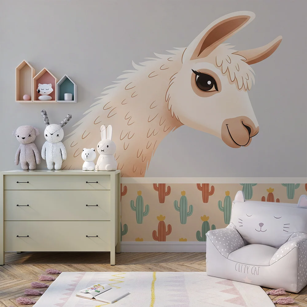 Papier peint chambre enfant | Lama mignon avec cactus colorés
