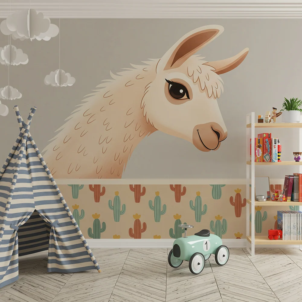 Papier peint chambre enfant | Lama mignon avec cactus colorés