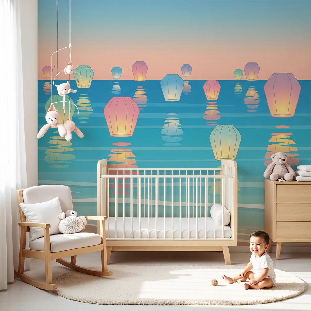 Papier peint chambre enfant | Lanternes colorées flottantes sur une mer paisible