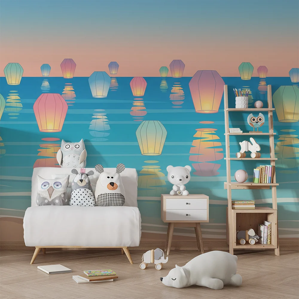 Papier peint chambre enfant | Lanternes colorées flottantes sur une mer paisible