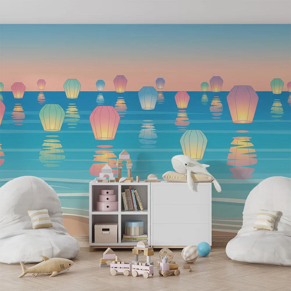 Papier peint chambre enfant | Lanternes colorées flottantes sur une mer paisible