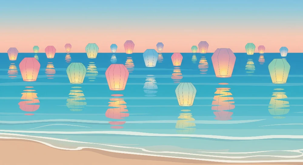 Papier peint chambre enfant | Lanternes colorées flottantes sur une mer paisible