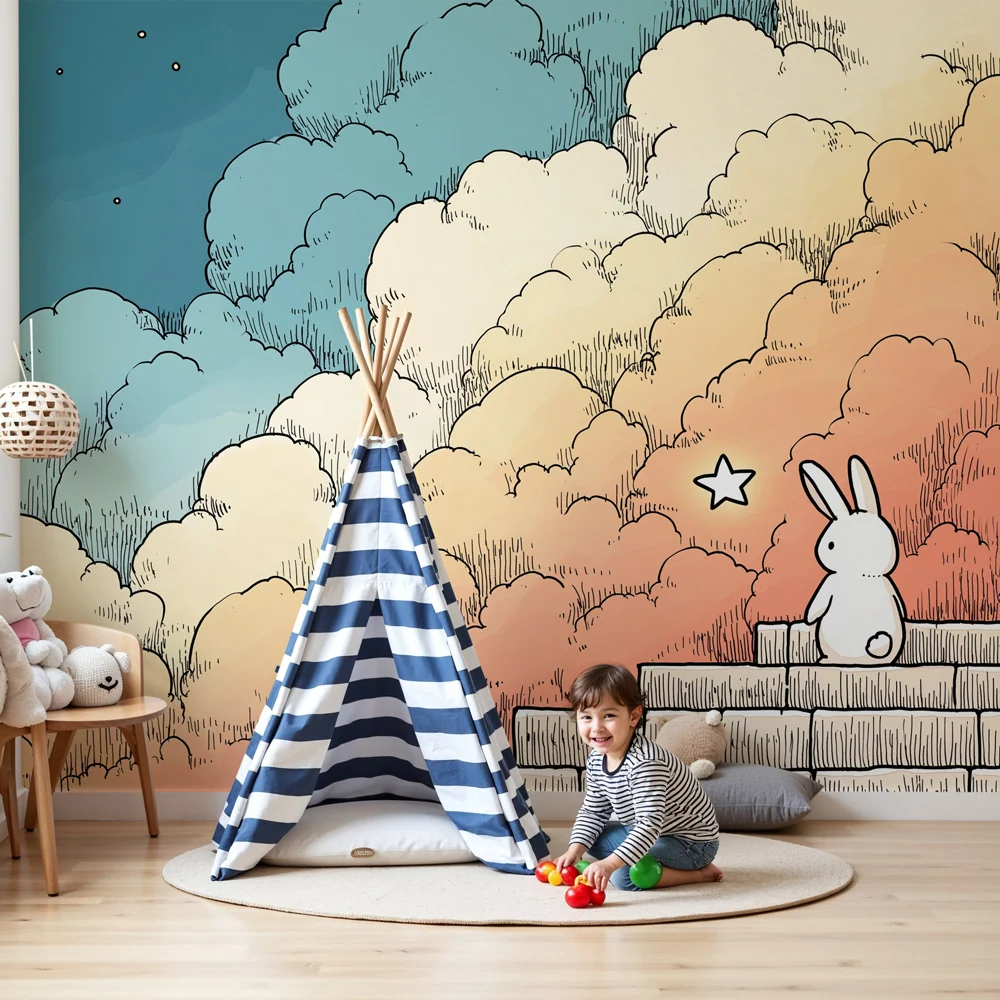 Papier peint chambre enfant | Lapin contemplatif sous les nuages