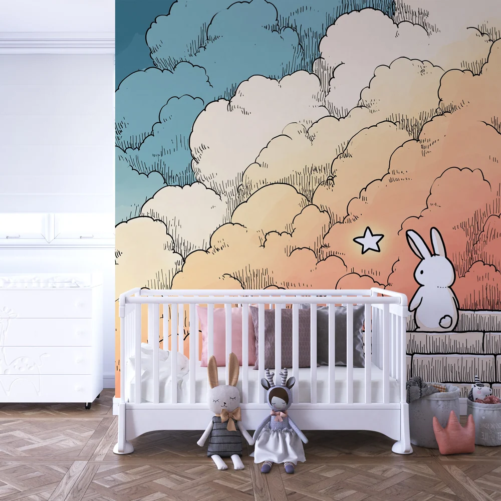 Papier peint chambre enfant | Lapin contemplatif sous les nuages