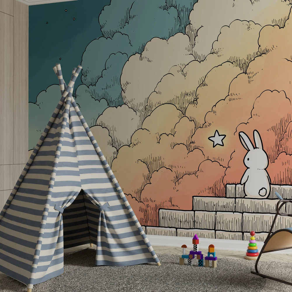 Papier peint chambre enfant | Lapin contemplatif sous les nuages