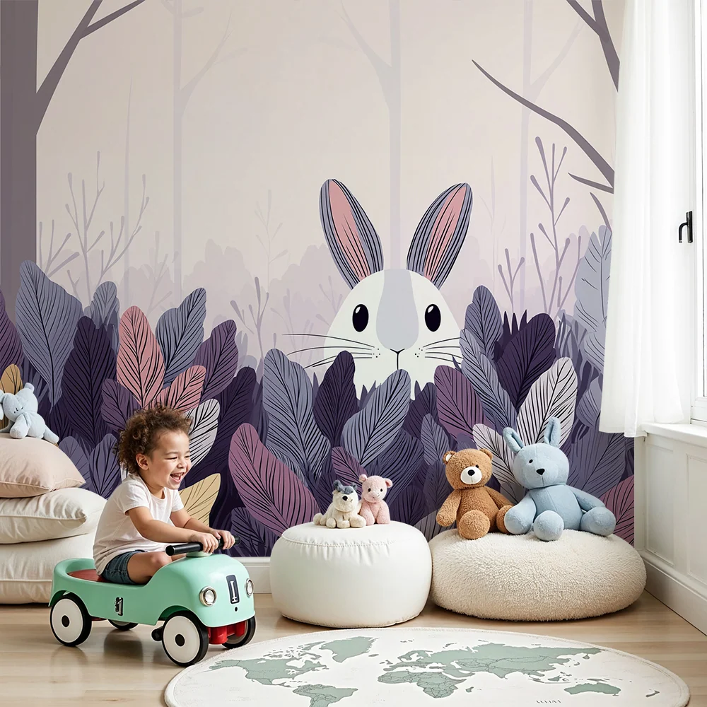 Papier peint chambre enfant | Lapin curieux dans une êt colorée