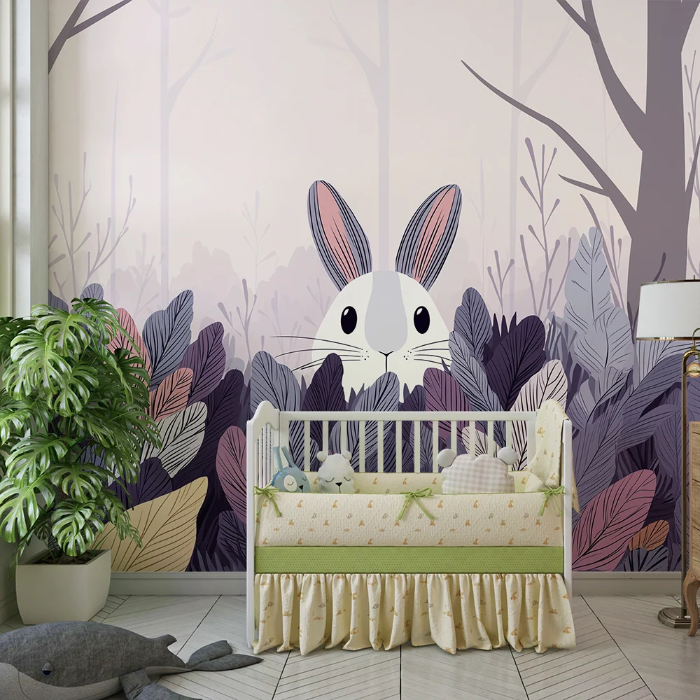 Papier peint chambre enfant | Lapin curieux dans une êt colorée
