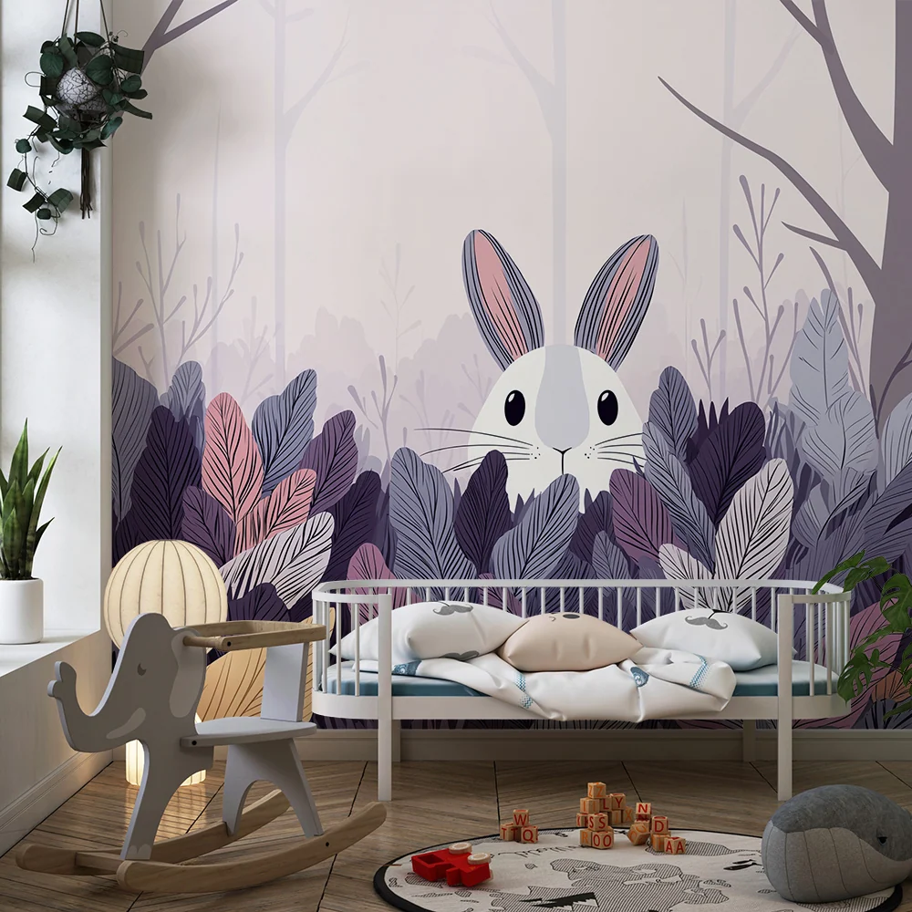 Papier peint chambre enfant | Lapin curieux dans une êt colorée