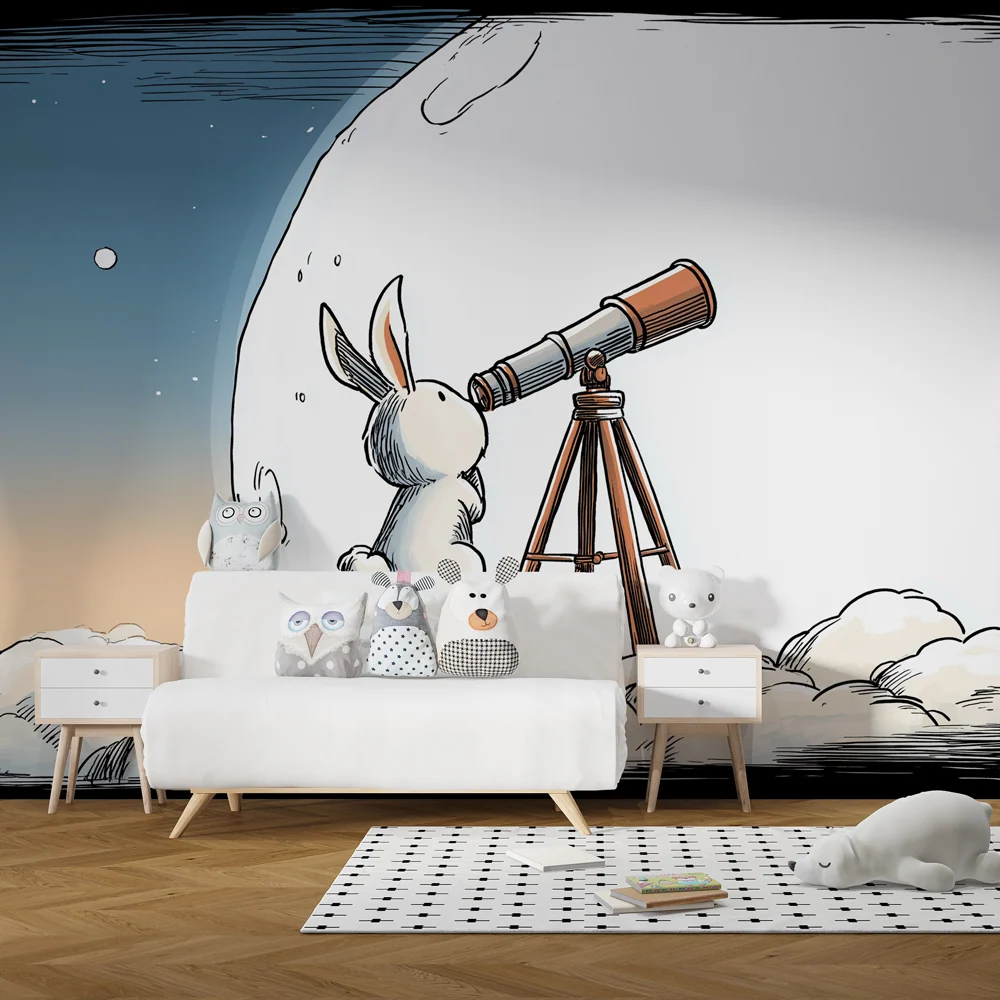Papier peint chambre enfant | Lapin explorateur sous les étoiles