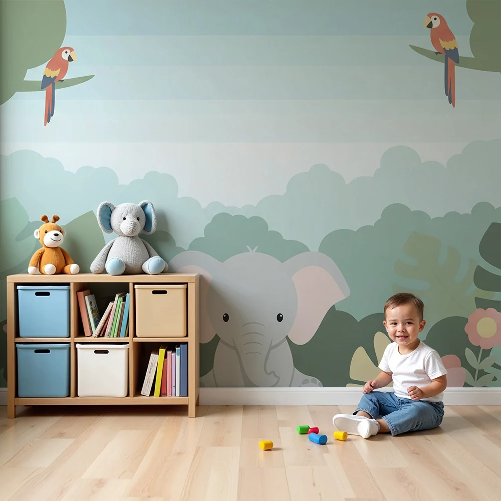 Papier peint chambre enfant | Élégant éléphant et girafe dans une jungle colorée