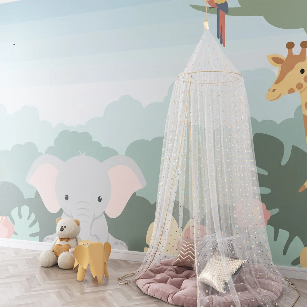 Papier peint chambre enfant | Élégant éléphant et girafe dans une jungle colorée