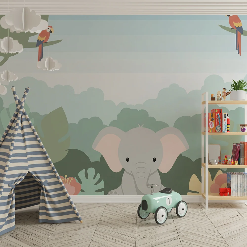 Papier peint chambre enfant | Élégant éléphant et girafe dans une jungle colorée