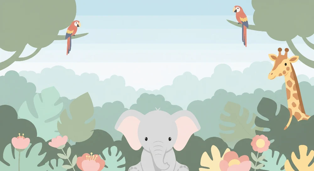Papier peint chambre enfant | Élégant éléphant et girafe dans une jungle colorée