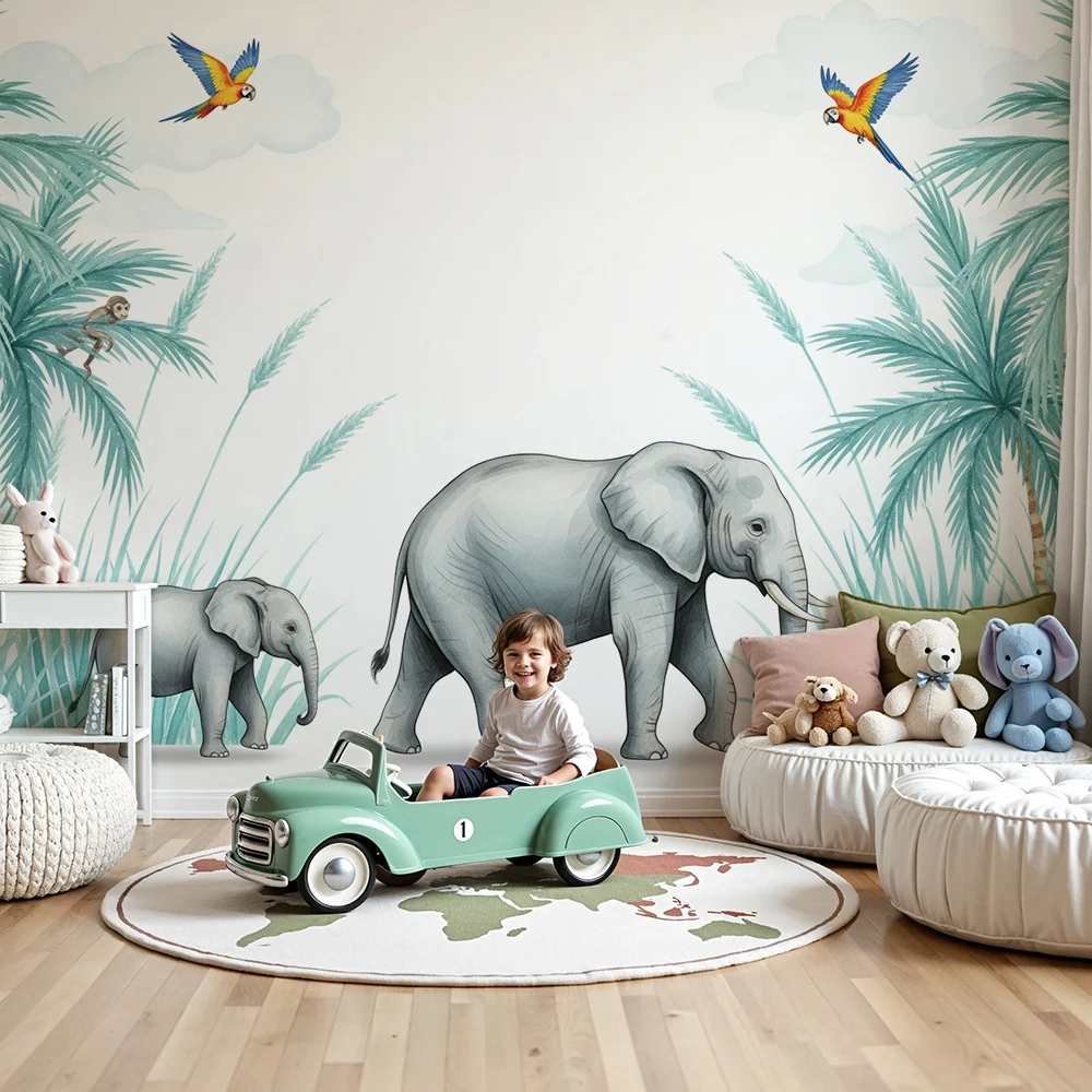 Papier peint chambre enfant | Élégants éléphants et jungle tropicale avec singes et perroquets