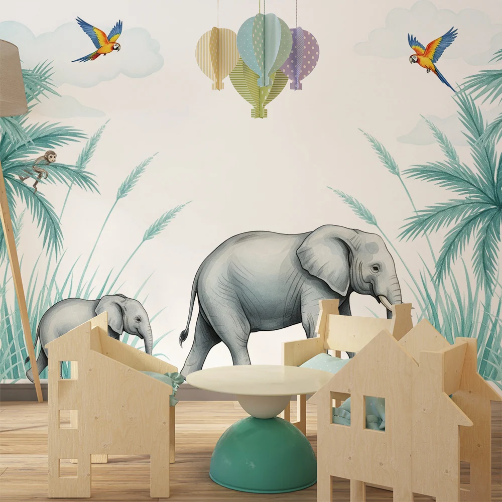 Papier peint chambre enfant | Élégants éléphants et jungle tropicale avec singes et perroquets