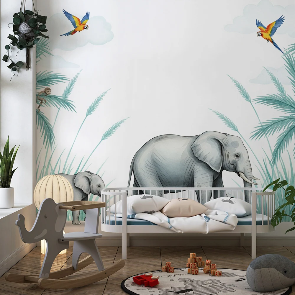 Papier peint chambre enfant | Élégants éléphants et jungle tropicale avec singes et perroquets