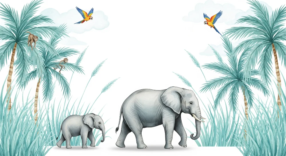 Papier peint chambre enfant | Élégants éléphants et jungle tropicale avec singes et perroquets