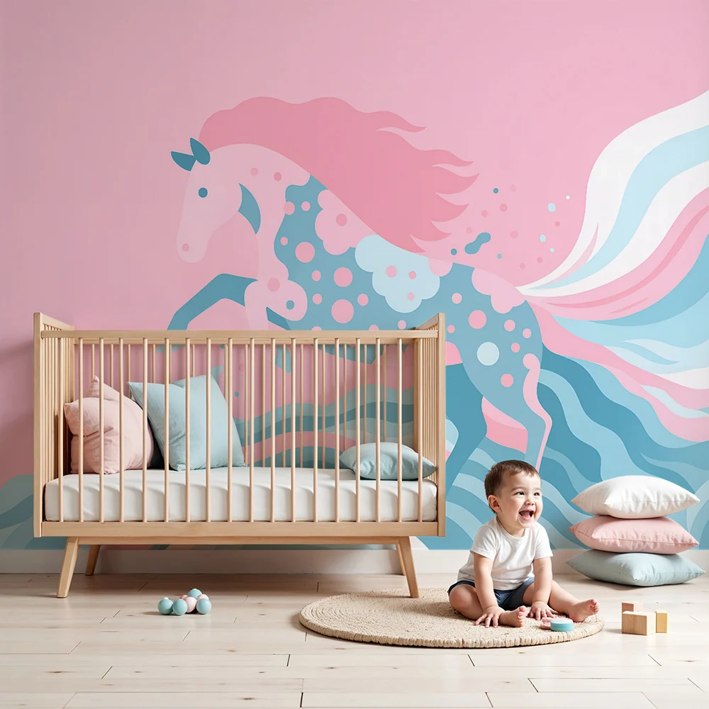 Papier peint chambre enfant | Licorne enchantée et vagues pastel