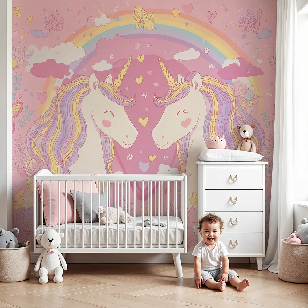 Papier peint chambre enfant | Licornes et arc-en-ciel féerique