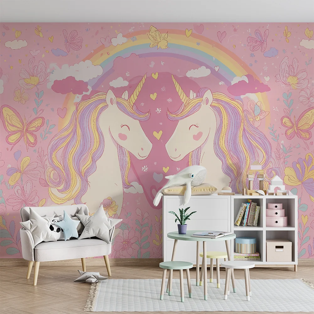 Papier peint chambre enfant | Licornes et arc-en-ciel féerique