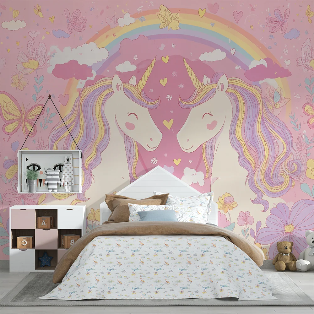 Papier peint chambre enfant | Licornes et arc-en-ciel féerique