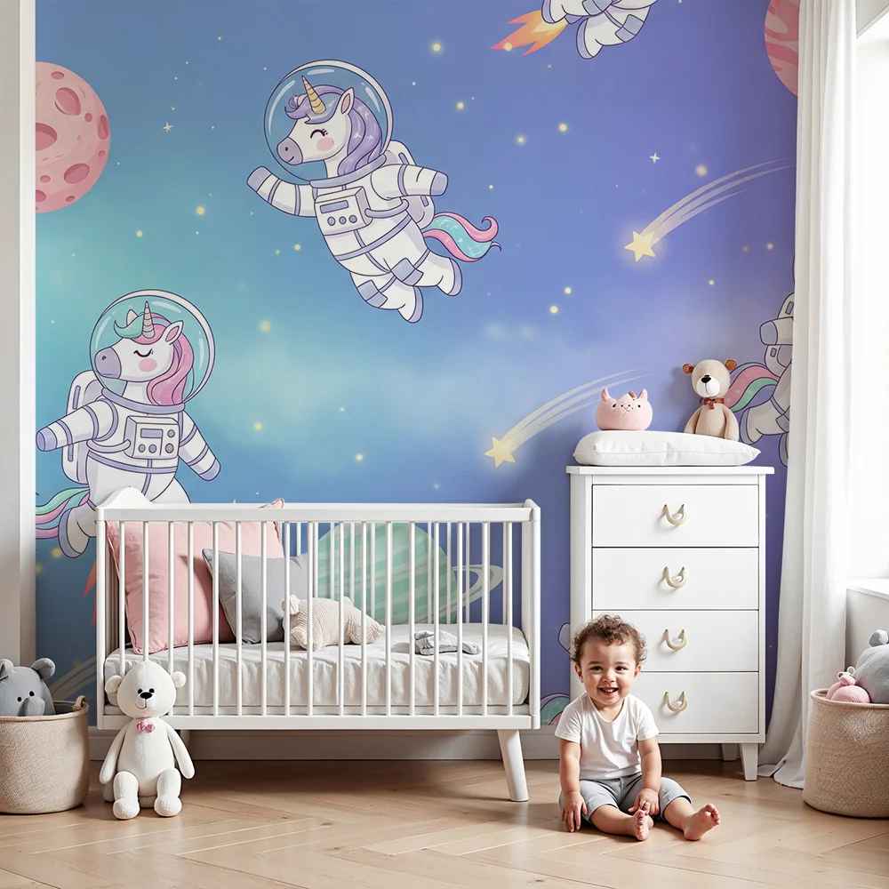 Papier peint chambre enfant | Licornes astronautes dans l'espace coloré