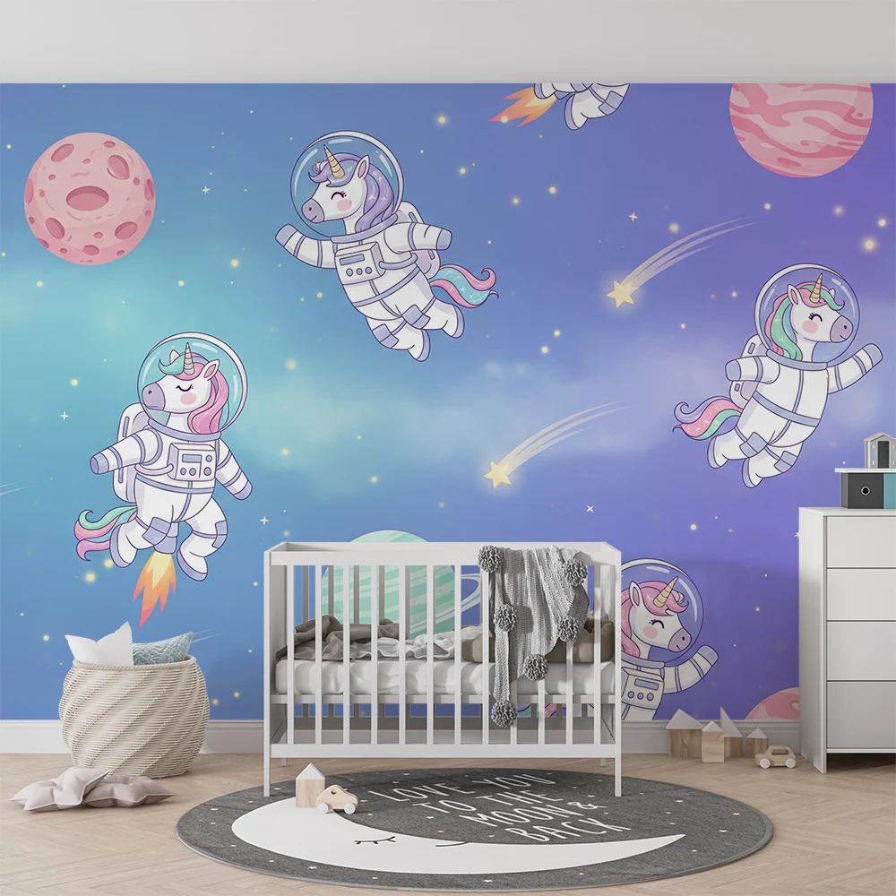 Papier peint chambre enfant | Licornes astronautes dans l'espace coloré