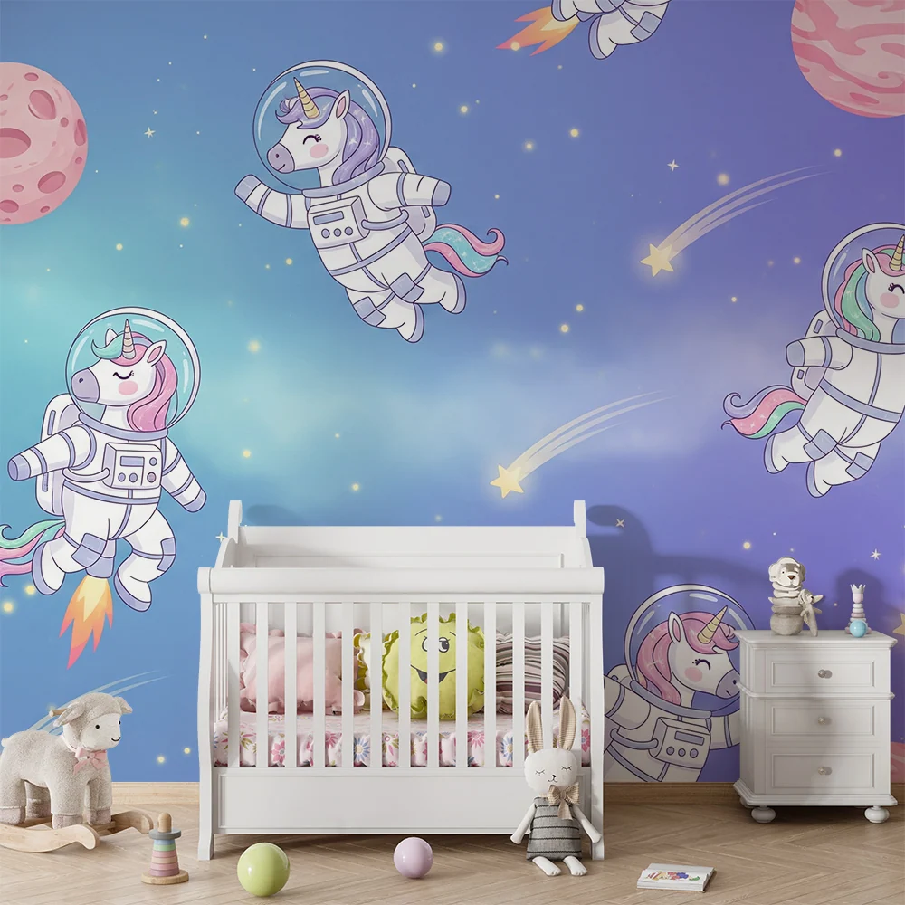 Papier peint chambre enfant | Licornes astronautes dans l'espace coloré