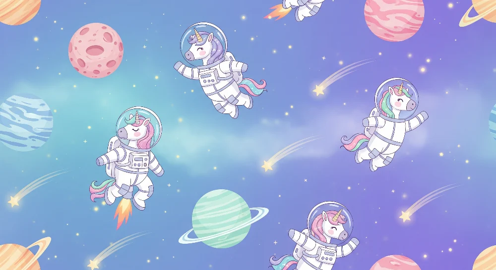 Papier peint chambre enfant | Licornes astronautes dans l'espace coloré